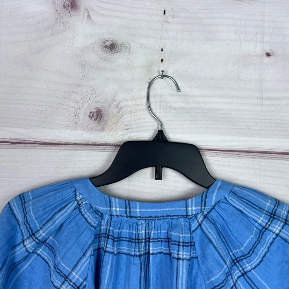 LOFT Top Womens PM Blue‎ Plaid Blouse Puff Sleeve Tie Neck Cotton Pullover Woven
